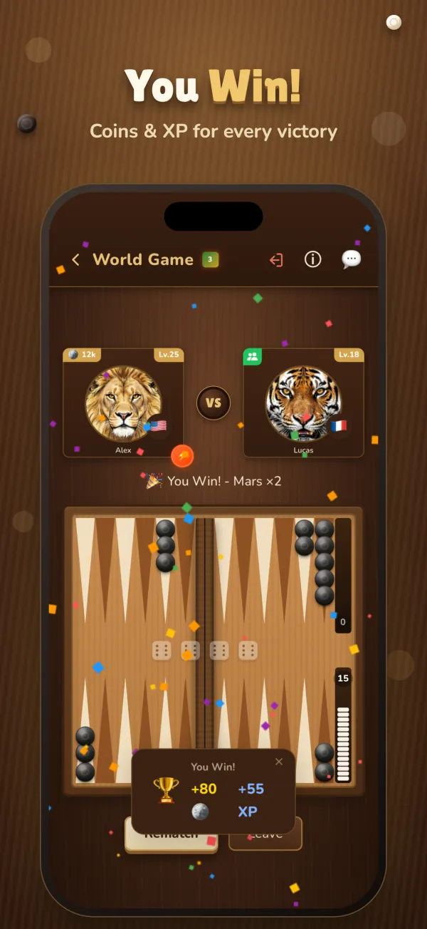 You Win! Coins and XP for every victory in an online Backgammon game