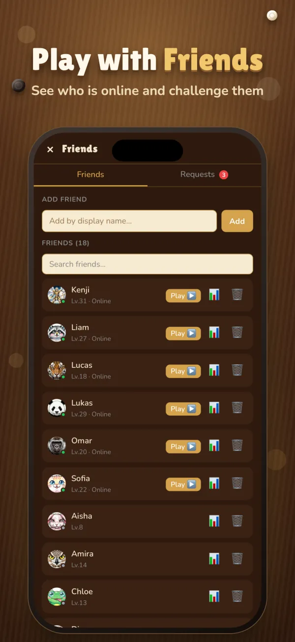 Play with Friends: see who is online and challenge them