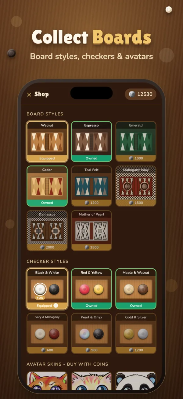 Collect Boards: board styles, checkers and avatars in the shop