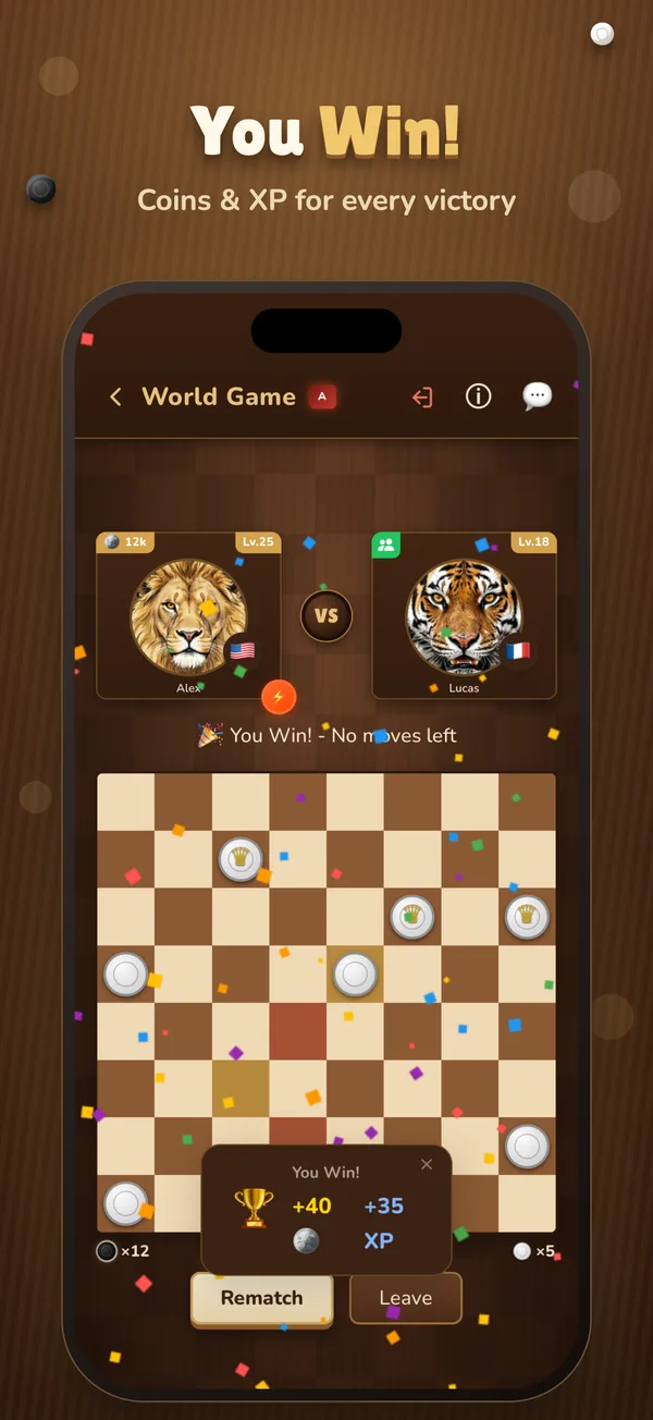 You Win! Coins and XP for every victory in an online Checkers game