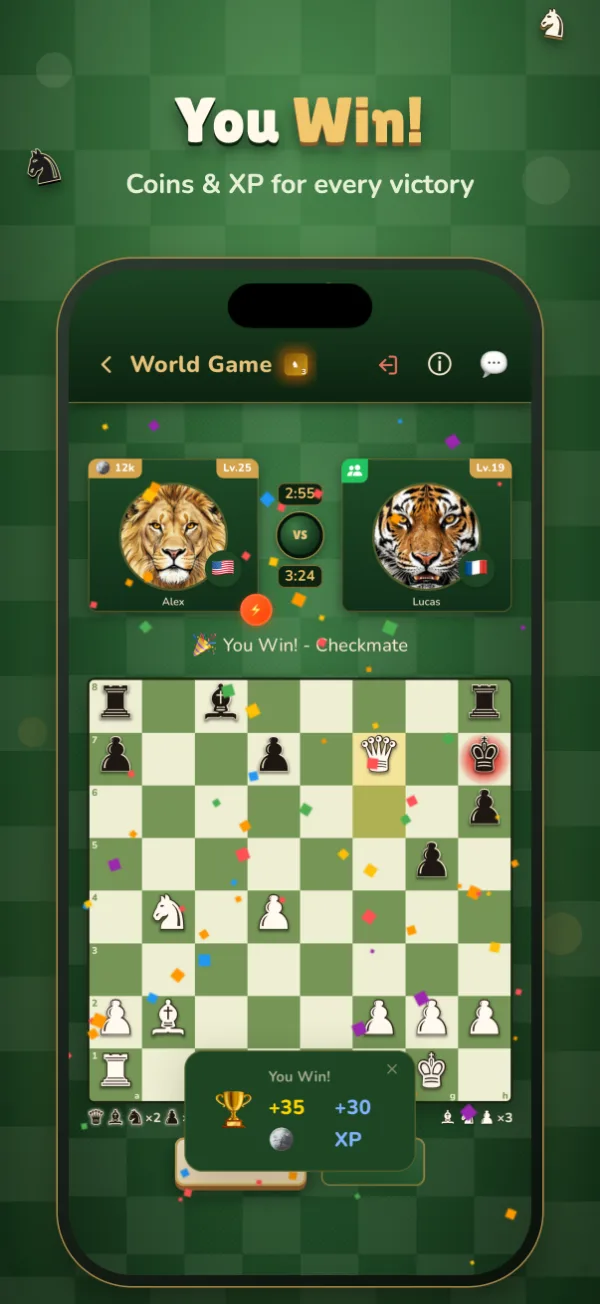 You Win! Coins and XP for every victory in an online chess game