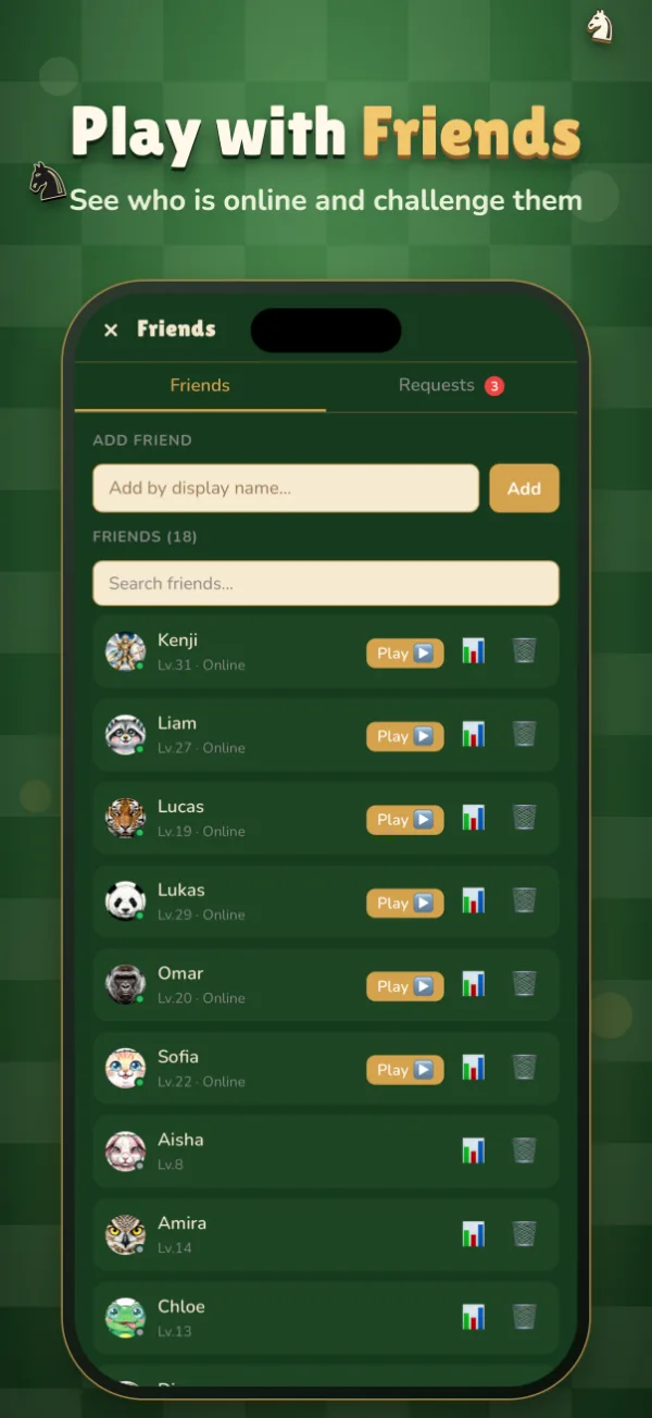 Play with Friends: see who is online and challenge them