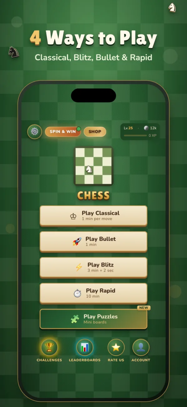 Classical, Bullet, Blitz and Rapid from the main menu